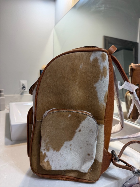 Cowhide & Tooled Floral Leather Backpack - Tan White main image 9